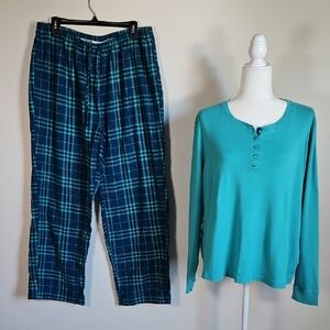 LL Bean Womens 1X Plus Pajama Set Blue Plaid Flannel Pant Polo Top Cabin Cozy